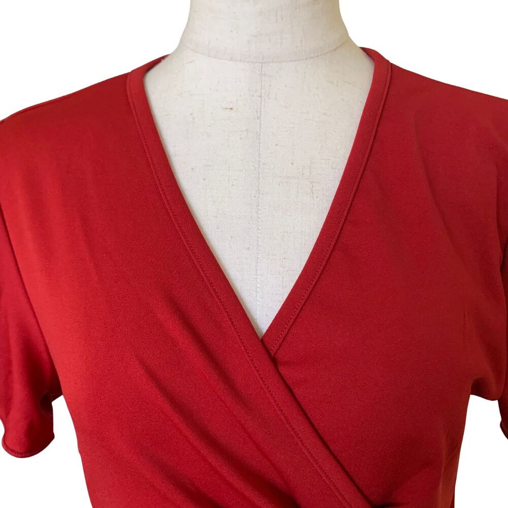 Red Faux Wrap Dress with Side Tie – Short Sleeve Knee Length Women’s Size M - Picture 2 of 10
